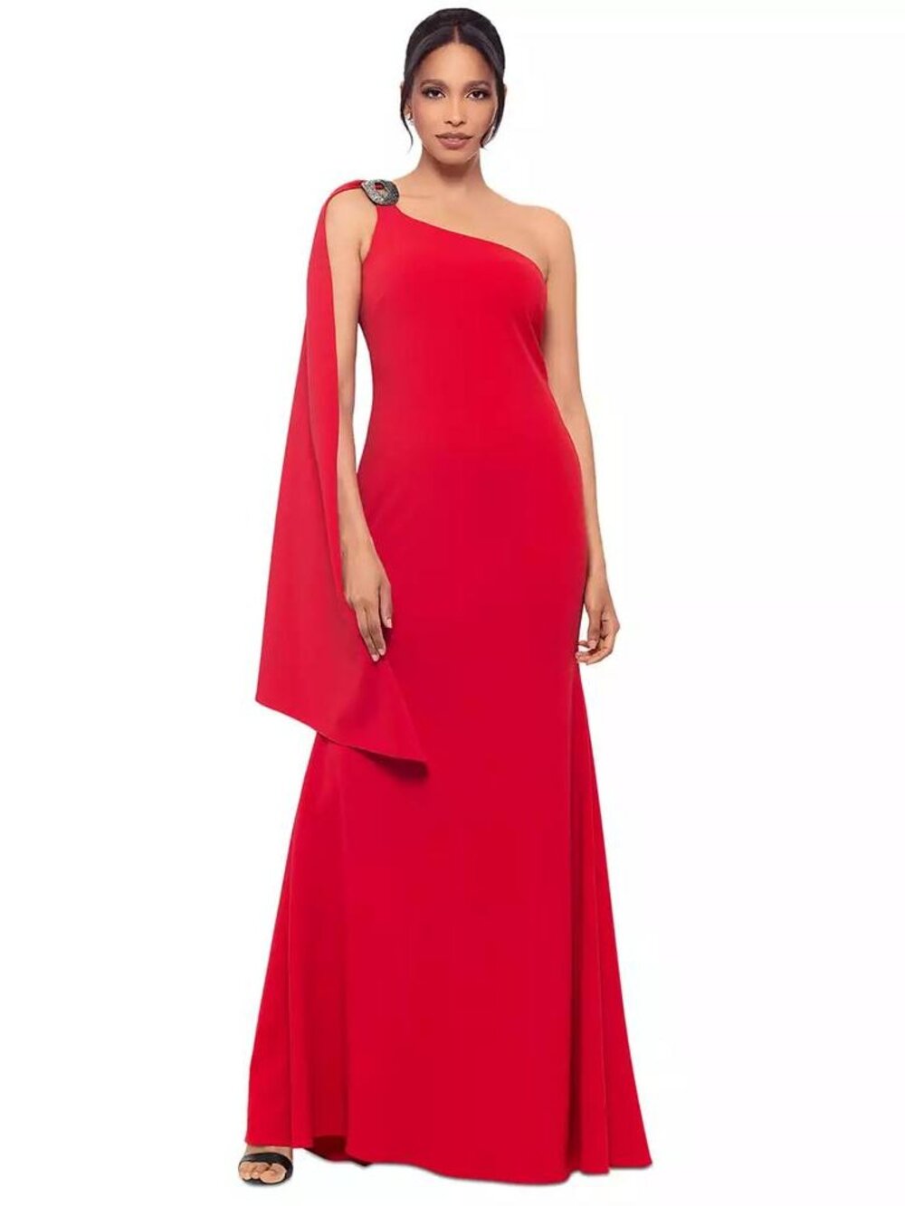 Betsy & Adam Women's Hardware Draped One-Shoulder Gown Red